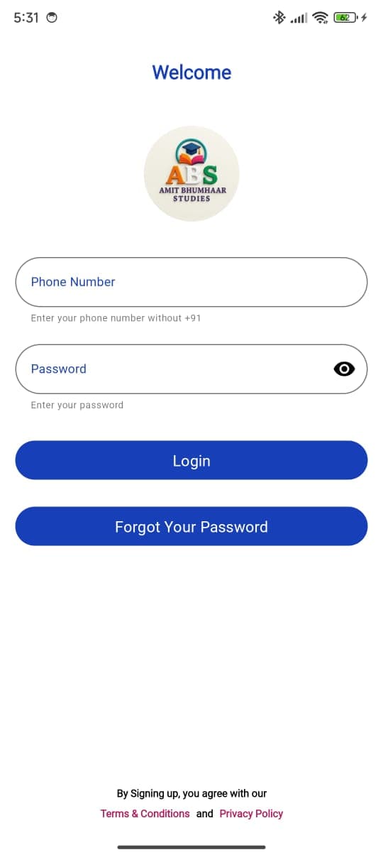 ABS app login screen with phone number and password