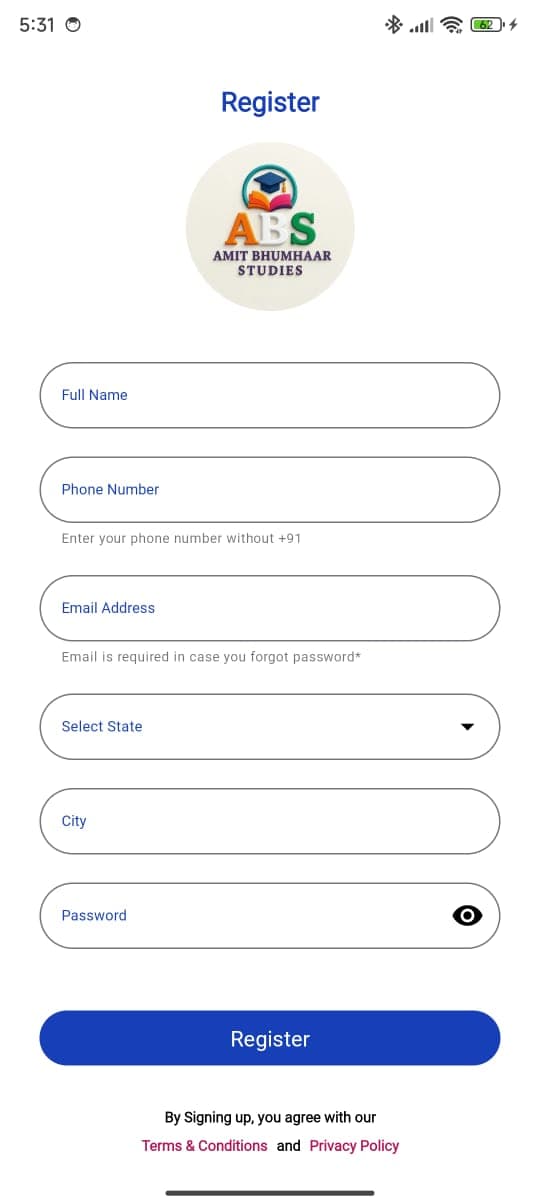 ABS app registration form with name, phone, email, state and city