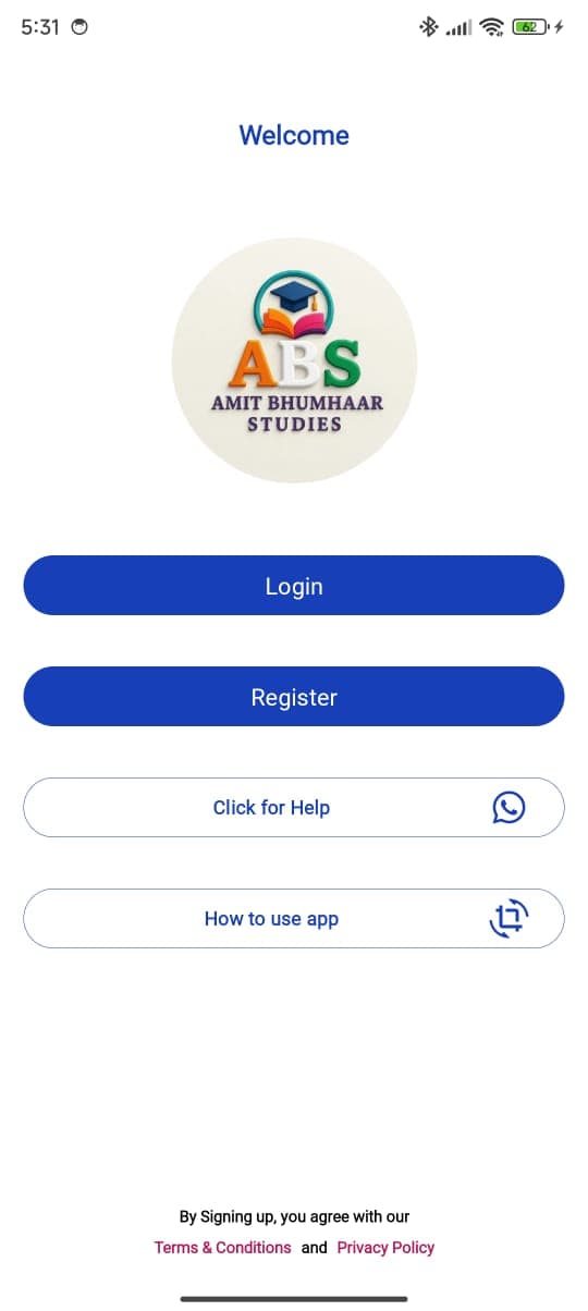 ABS app welcome screen with login, register, help and how-to-use options