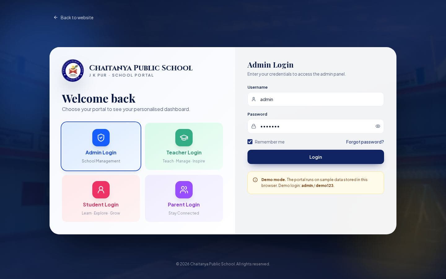 Chaitanya Public School portal login with Admin, Teacher, Student and Parent roles