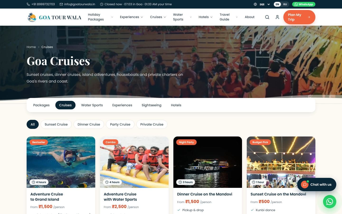 Goa Tour Wala cruises page: dinner, sunset, party and private cruises