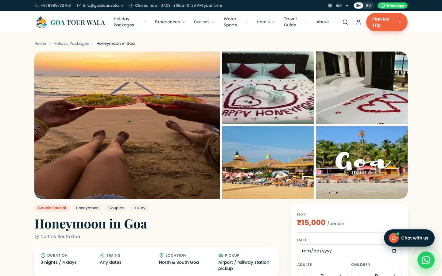 Goa Tour Wala Goa Honeymoon Package 3N/4D page with price and inclusions