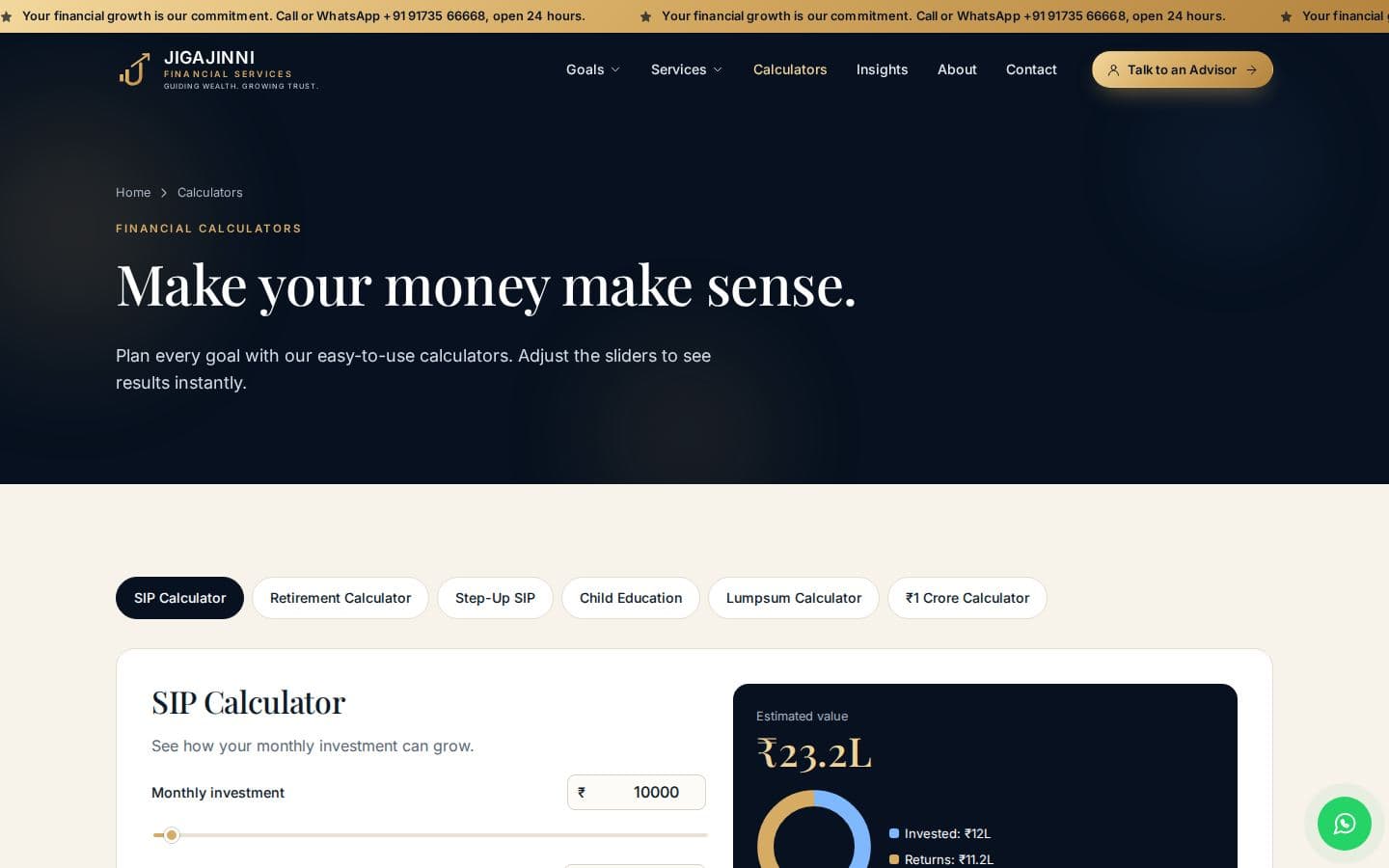 Financial calculators on the Jigajinni Financial Services sample website