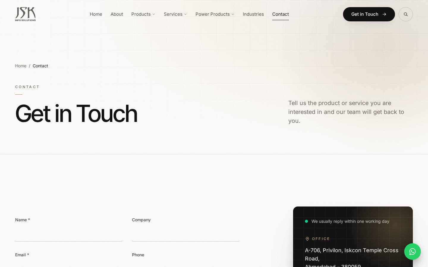 JSK Infosolutions contact page with enquiry form