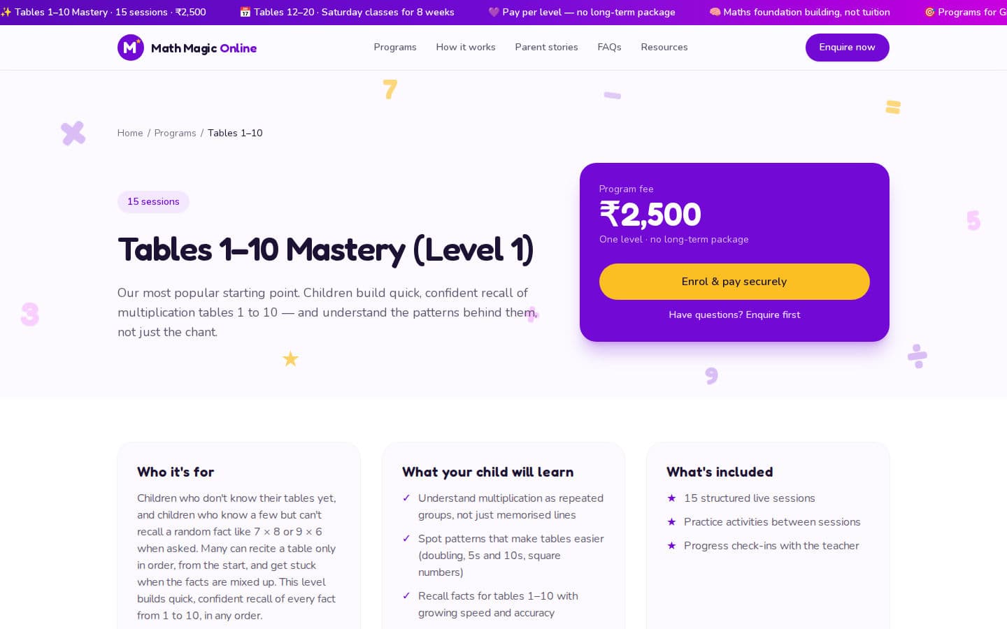 Math Magic Tables 1–10 Mastery program page with fee and Enrol & pay securely button