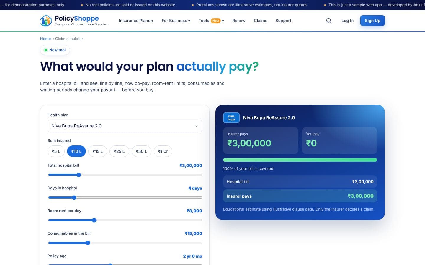 PolicyShoppe claim-time simulator tool