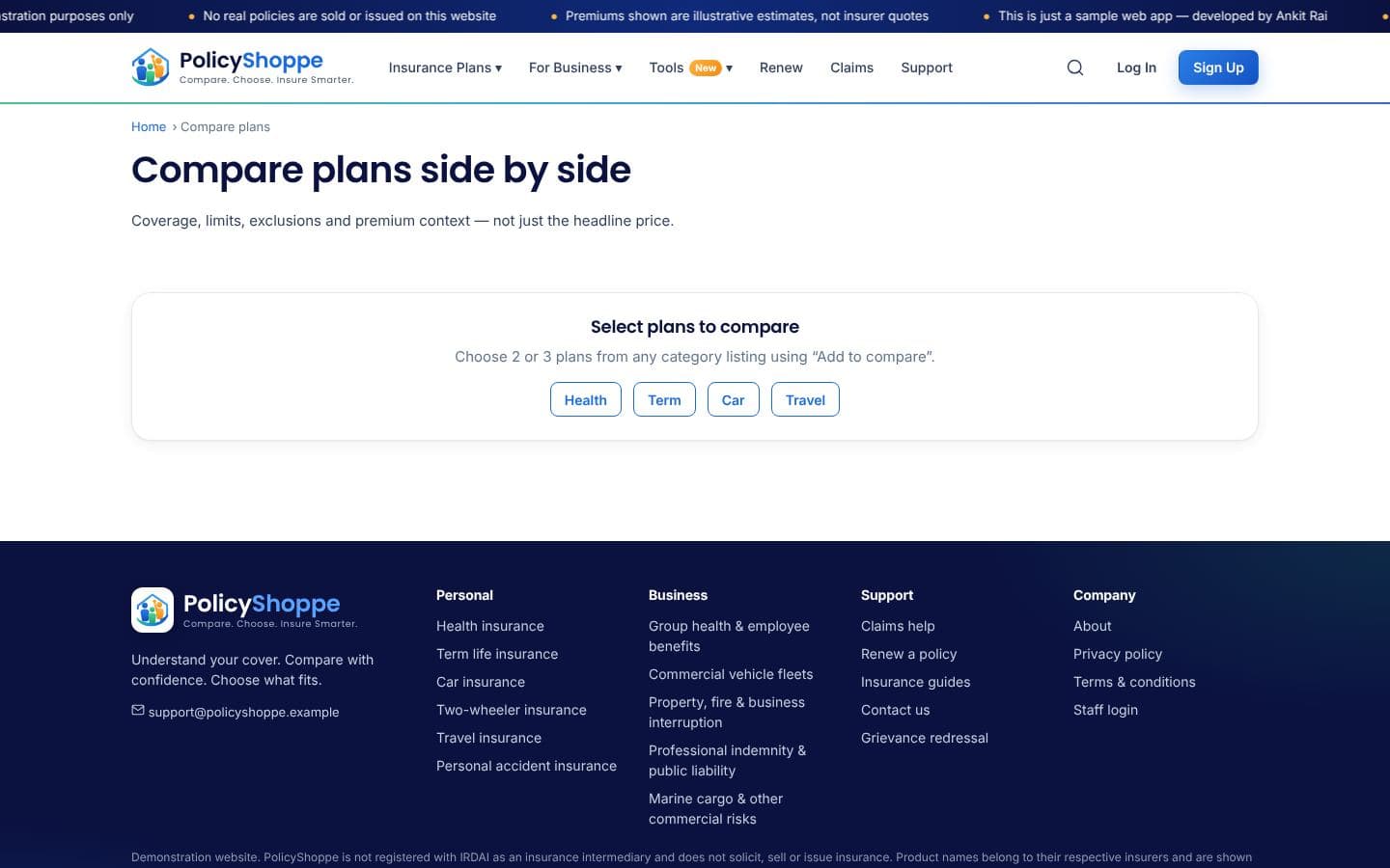 PolicyShoppe compare plans page