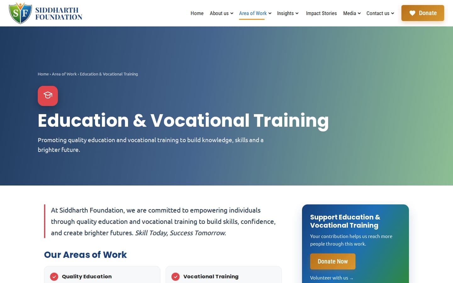 Siddharth Foundation Education & Vocational Training area of work page