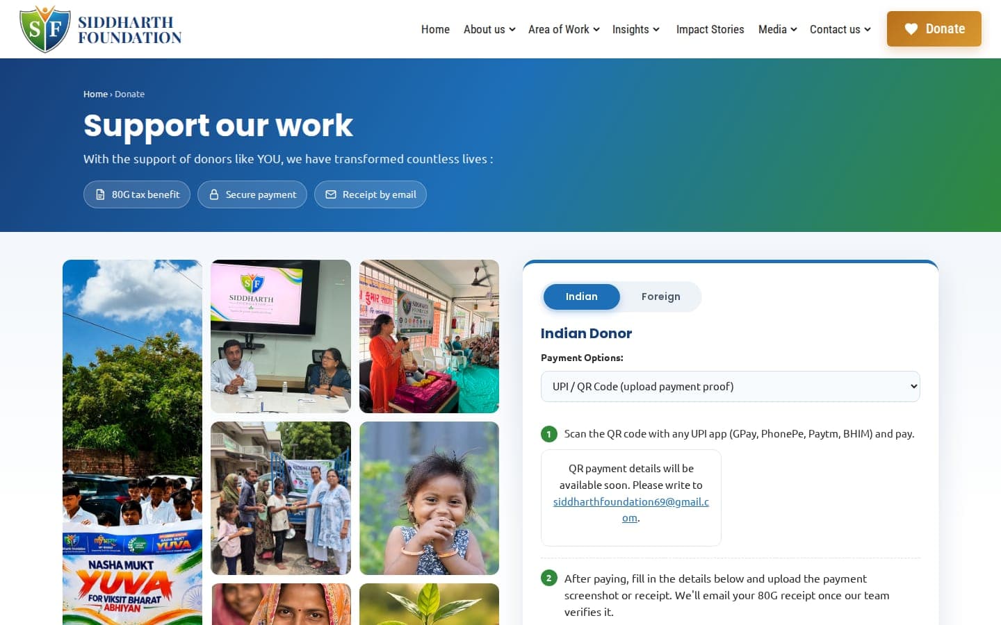 Siddharth Foundation donate page: Indian and foreign donors, payment options and 80G receipt