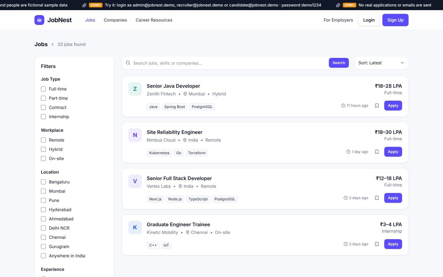 JobNest jobs list with filters